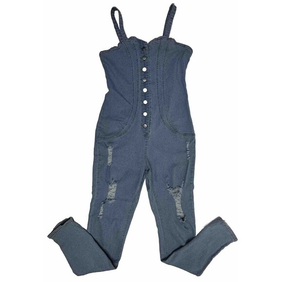 Chicme Sweat Heart Neck Sleeveless Jumpsuit Women's Medium Distressed Blue‎ EUC - Picture 1 of 9